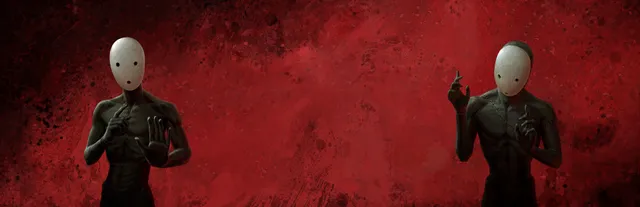 Pathologic 2 key art: two thin dark figures with stitched torsos and blank white masks with small black eyes stand against a blood-red background