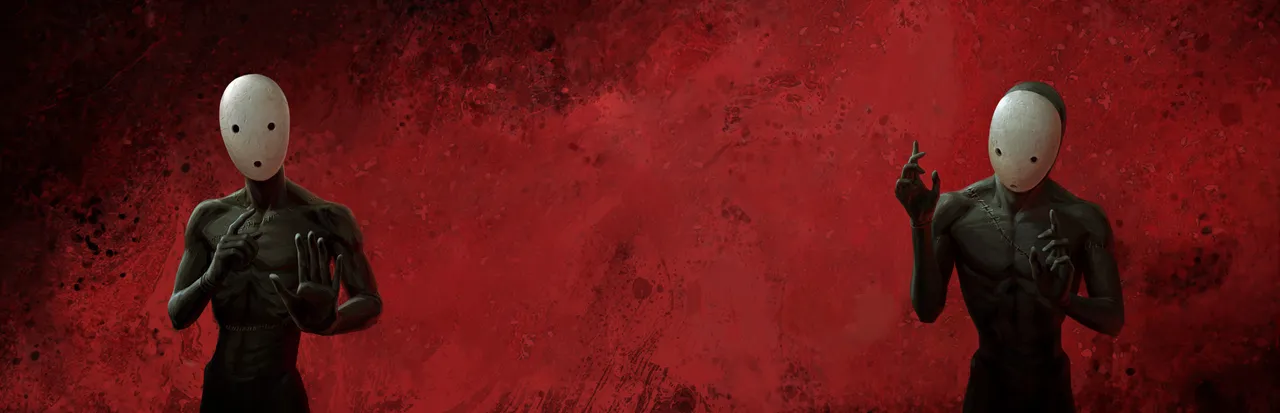 Pathologic 2 key art: two thin dark figures with stitched torsos and blank white masks with small black eyes stand against a blood-red background