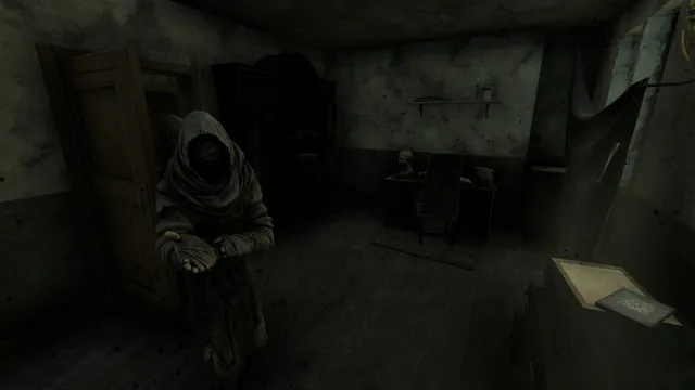 Pathologic 2 screenshot: a hooded beggar in rags holds out cupped hands in a dim, run-down room