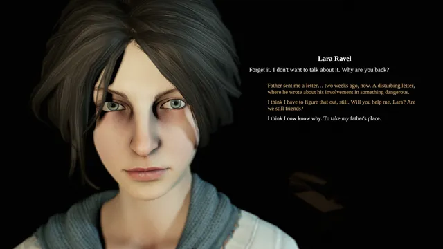 Pathologic 2 screenshot: a close-up of Lara Ravel, a pale young woman with dark hair, in conversation, with dialogue choices about a letter from your father