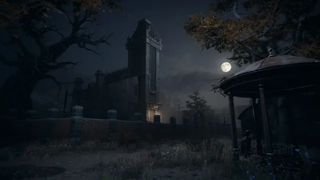 Pathologic 3 screenshot: a dark gothic tower behind a wall and a gazebo under a full moon at night