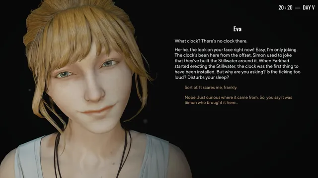 Pathologic 3 screenshot: Eva, a young blonde woman, talks about a ticking clock at 20:20 on Day V