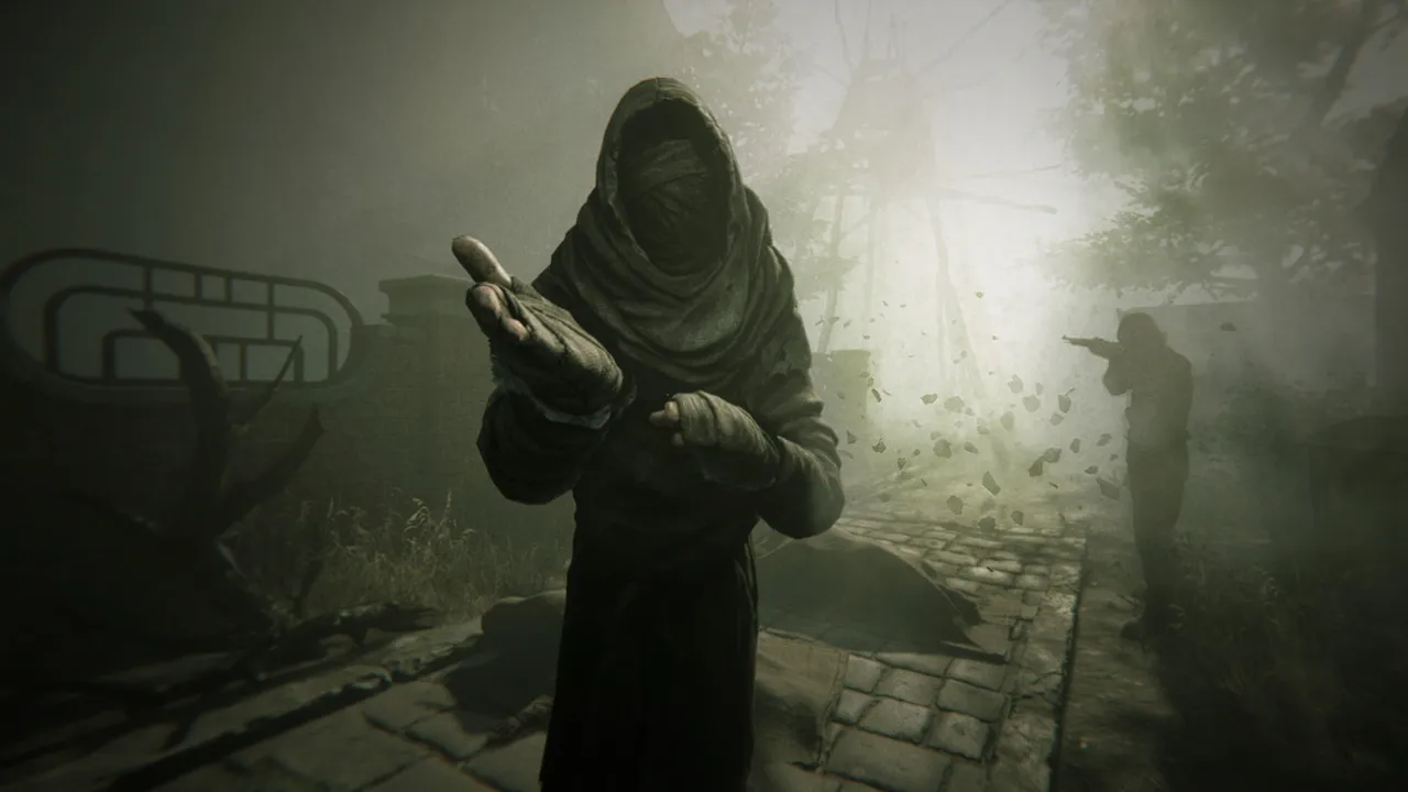 Pathologic 3 screenshot: a hooded, masked figure in rags holds out its hands in a foggy street as a man in the background aims a pistol