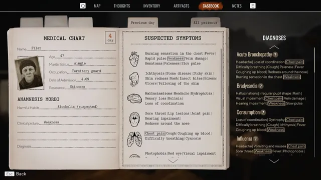Pathologic 3 screenshot: a medical chart for a patient named Filat beside a list of suspected symptoms and possible diagnoses
