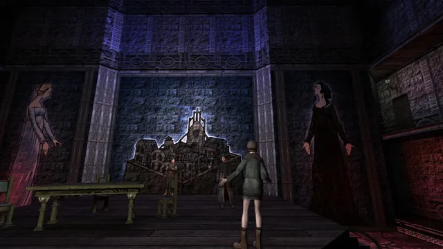 Pathologic Classic HD screenshot: a girl stands on a dark stage before a model of the town and two painted women