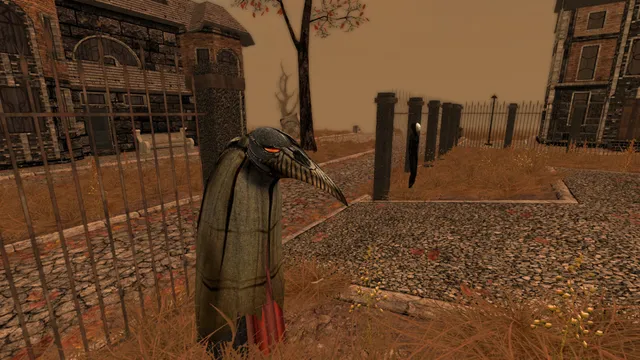 Pathologic Classic HD screenshot: a figure in a long beaked mask with glowing eyes stands by an iron fence on a cobbled street under a brown sky
