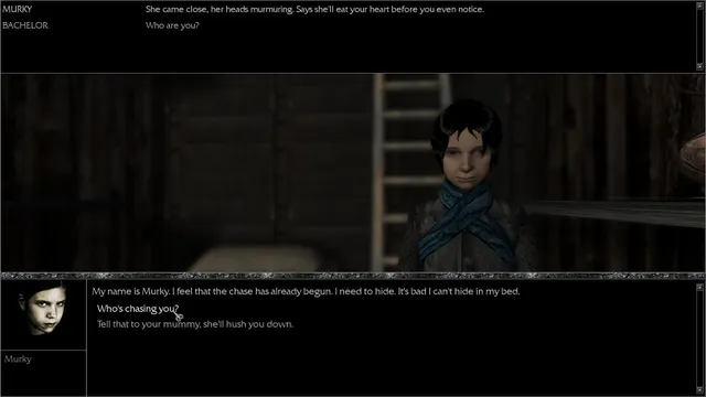 Pathologic Classic HD screenshot: a dialogue with a frightened child named Murky, who says she needs to hide