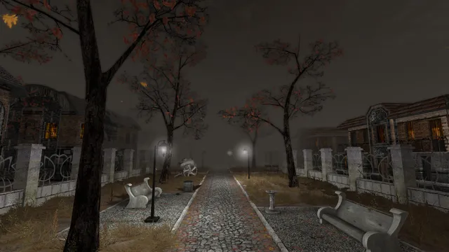 Pathologic Classic HD screenshot: an empty cobbled park lane at dusk lined with lamps, benches and bare trees