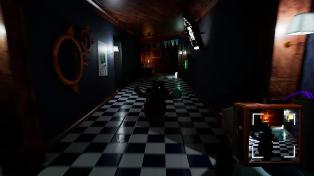 PENGUIN HOTEL screenshot: a cardboard penguin bellhop cut-out saying Welcome in a dark checkered lounge