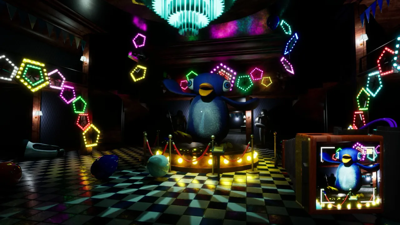 PENGUIN HOTEL screenshot: the hotel lobby with a giant blue penguin statue on a lit stage under neon pentagon lights, seen through the camera viewfinder