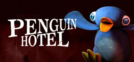 PENGUIN HOTEL title art: a wide-eyed blue penguin mascot with an orange beak waving beside the title on a dark red wall