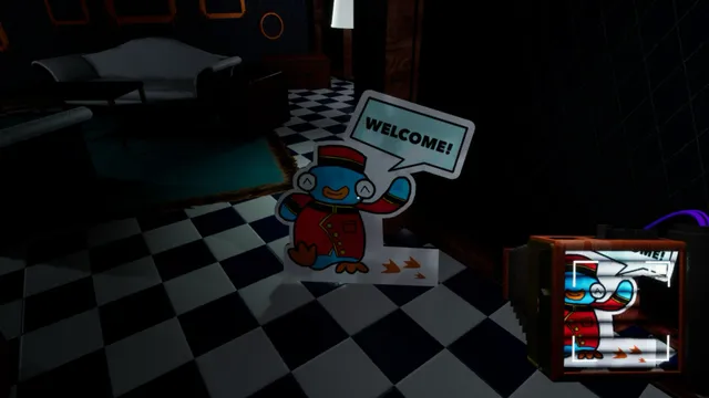 PENGUIN HOTEL screenshot: a burst of ice crystals on the floor of a dark hotel corridor lined with empty frames