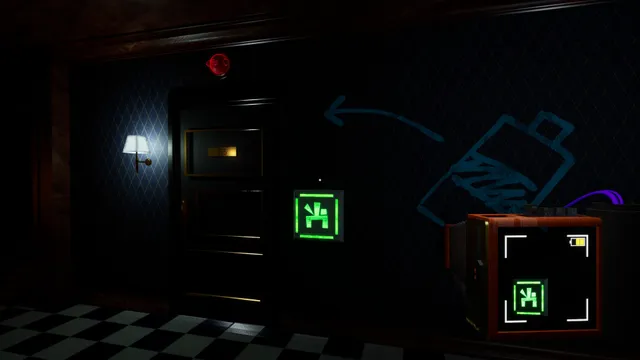 PENGUIN HOTEL screenshot: a shadowy penguin figure waits at the end of a long, dim hotel corridor