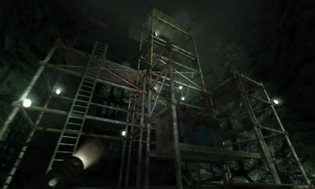 Penumbra: Black Plague screenshot: scaffolding and ladders rise through a dark rock cavern lit by work lights