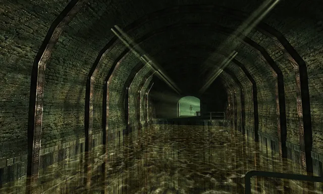 Penumbra: Black Plague screenshot: a flooded, arched brick tunnel lit green, a doorway glowing at the far end