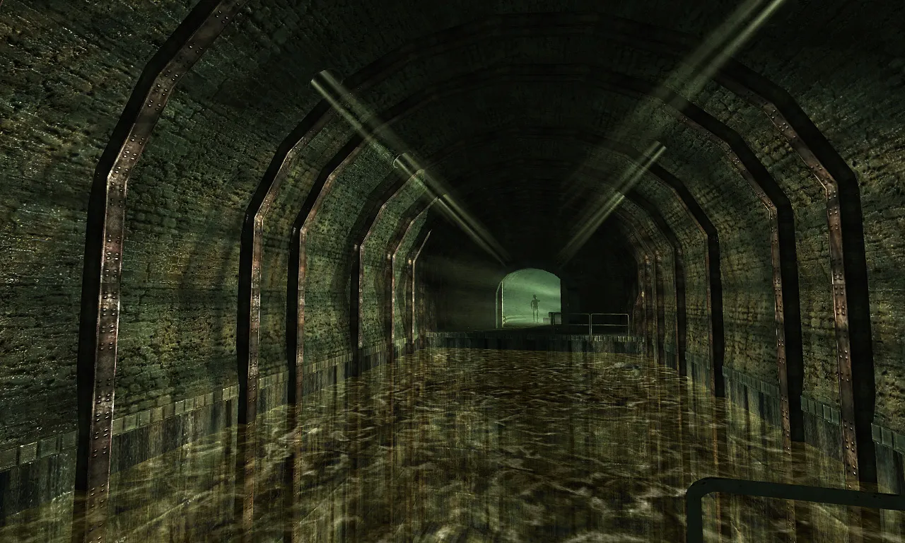 Penumbra: Black Plague screenshot: a flooded, arched brick tunnel lit green, a doorway glowing at the far end