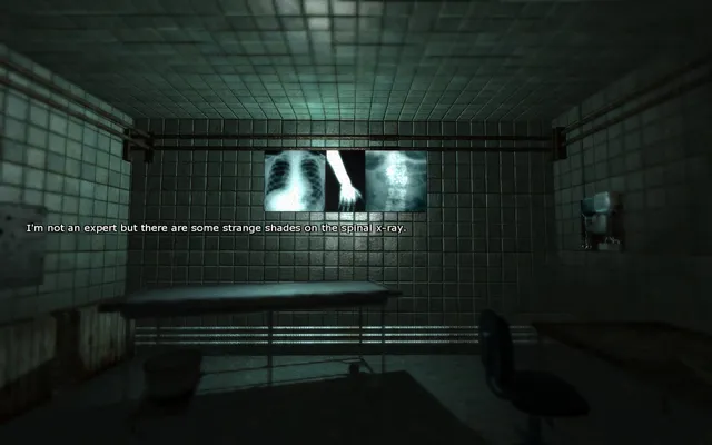 Penumbra: Black Plague screenshot: x-rays on a lightbox above an examination table in a tiled room, with a line about strange shades on the spine