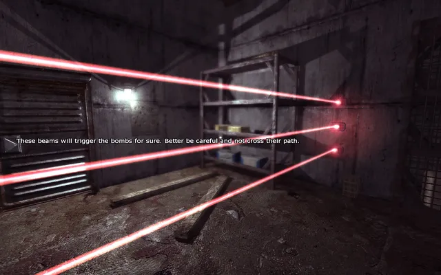 Penumbra: Black Plague screenshot: red laser beams cross a bloody storeroom, with the thought that they will trigger the bombs