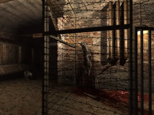 Penumbra: Overture screenshot: a carcass hangs behind a wire fence in a brick storeroom with blood on the floor and a rat in the corner