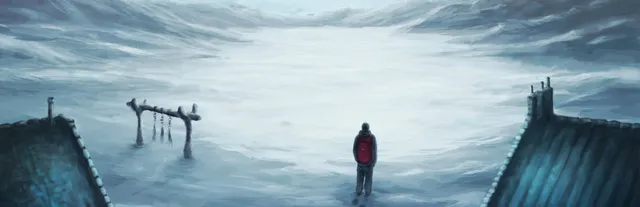 Penumbra: Overture key art: a man with a red backpack stands alone between snow-covered rooftops, facing a white Greenland snowstorm