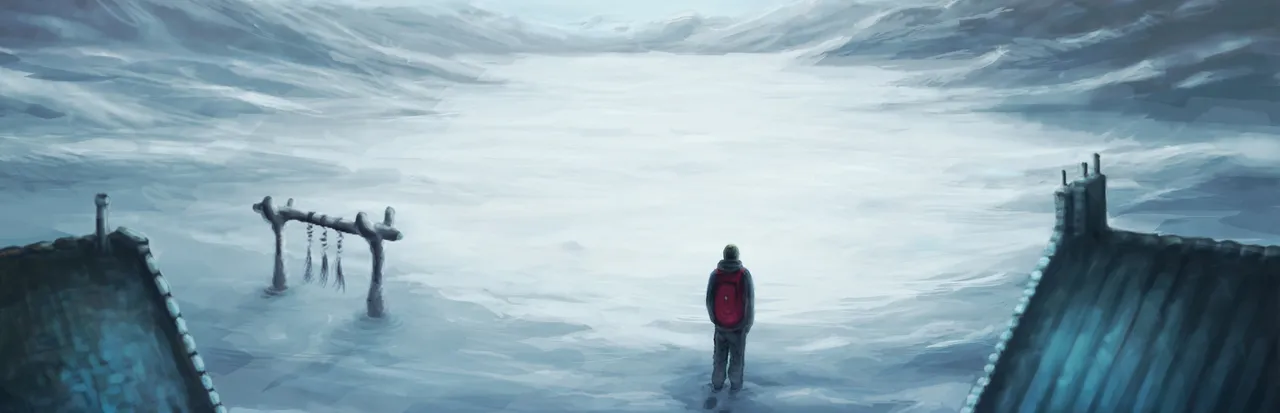 Penumbra: Overture key art: a man with a red backpack stands alone between snow-covered rooftops, facing a white Greenland snowstorm