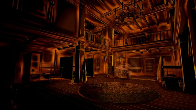 Perception screenshot: the great hall with its balcony and chandelier lit in orange echolocation outlines