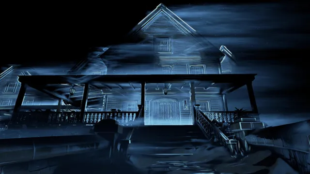 Perception screenshot: the mansion's porch and gables outlined in pale blue echolocation light against the dark