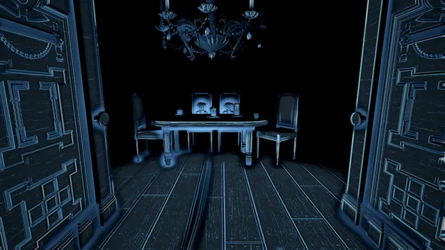 Perception screenshot: a dining room with a chandelier and portraits glimpsed in blue outline through open doors