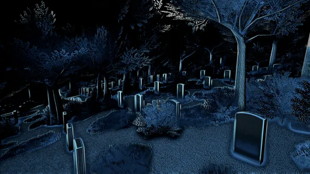 Perception screenshot: a graveyard of headstones under trees, drawn in blue outline