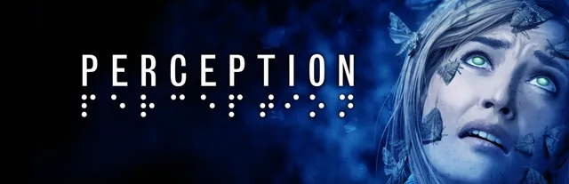 Perception key art: Cassie's face in blue light with moths on her hair, beside the title and its braille lettering