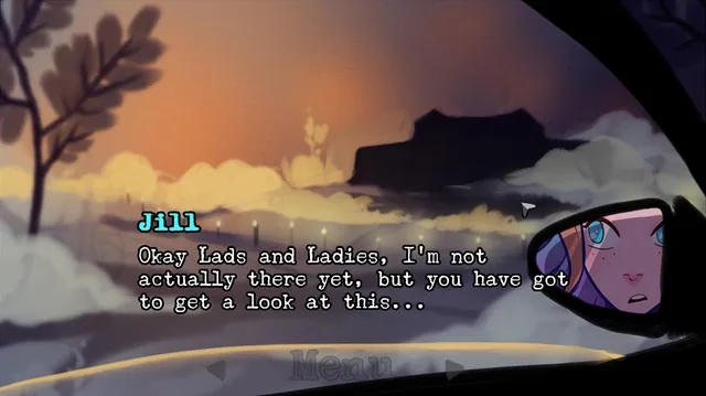 Jill's eyes in a car mirror as she drives toward a dark building at sunset, talking to her viewers