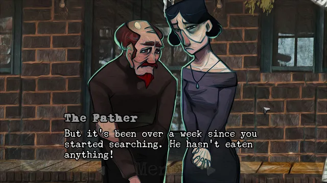 A worried father and a pale woman in front of a brick house, talking about a missing boy