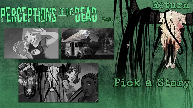 The Perceptions of the Dead story menu, with drawings of the three stories and an animal skull among black tendrils