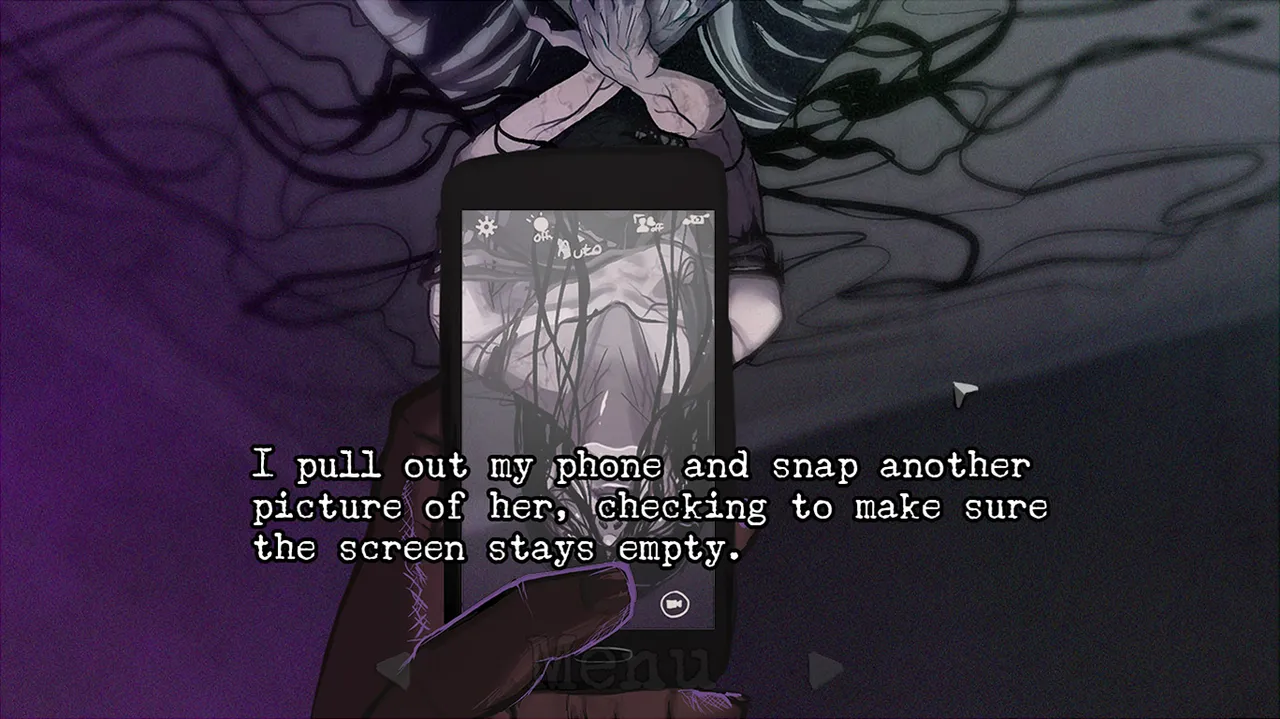 A phone screen held up in a dark room shows a ghostly figure wrapped in black tendrils that the eye cannot see
