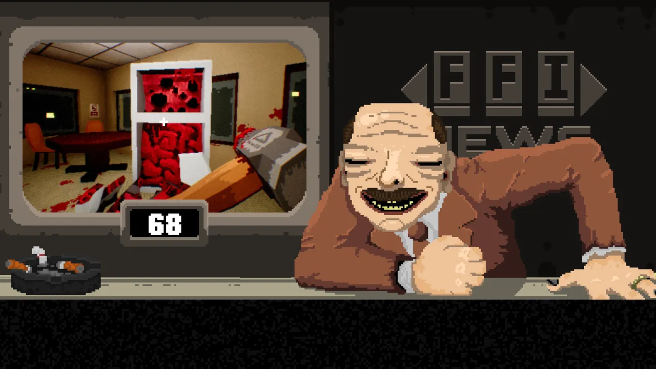 A grinning pixel-art news anchor beside a screen showing a sledgehammer smashing a bloody office, with a timer at 68