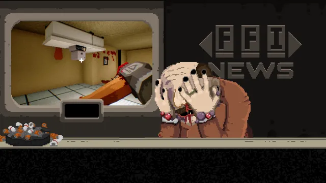 The news anchor holding his head in his hands, his face covered in growths, next to a screen of a bloody office