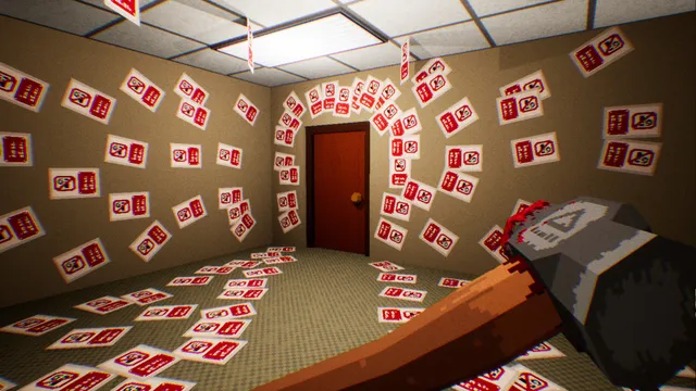 A room whose walls and floor are covered with red and white warning signs, a door at the far end
