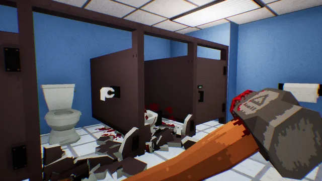 A smashed, bloody toilet stall in a blue office bathroom with the sledgehammer in view