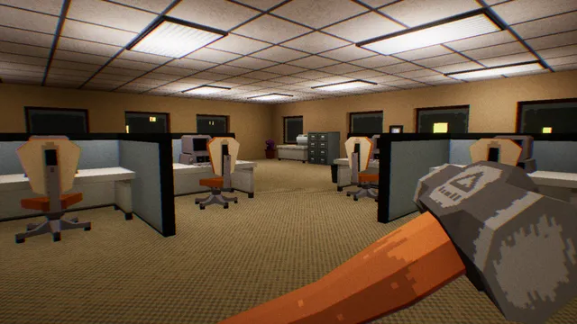A sledgehammer held over an empty open-plan office with cubicles and orange chairs