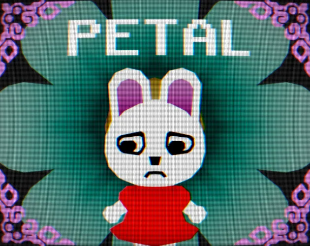 Petal title art: Ana, a white rabbit in a red dress with a worried face, before a large green flower, under scanlines