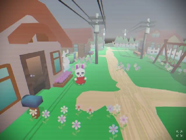 Ana walks a flowered path past low-poly houses and power lines in a toy-like town