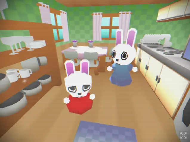 Ana and an older rabbit in a blue dress in a checkered kitchen
