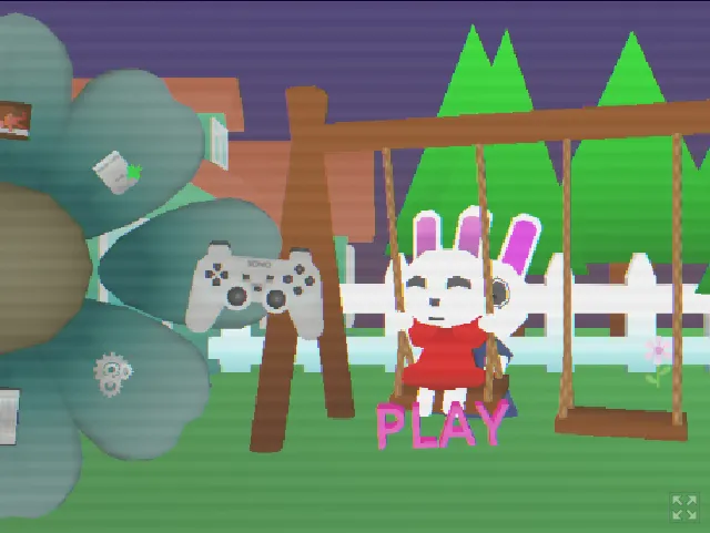 Title menu: Ana smiling on a swing in a low-poly garden, with a game controller icon and a Play button