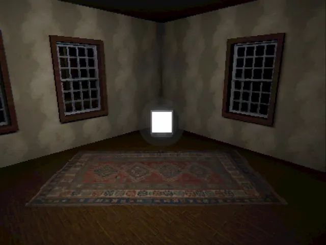 Peter's House screenshot: an empty room with two barred windows, a patterned rug and a small glowing white square in the corner