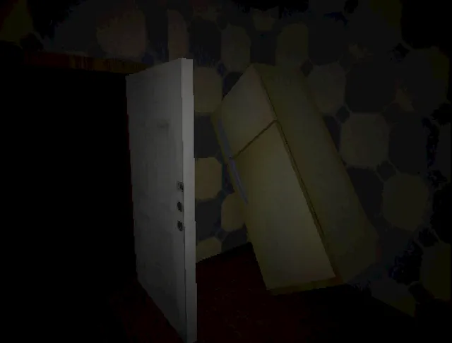 Peter's House screenshot: carrying a cardboard box past a half-open door in a dark room