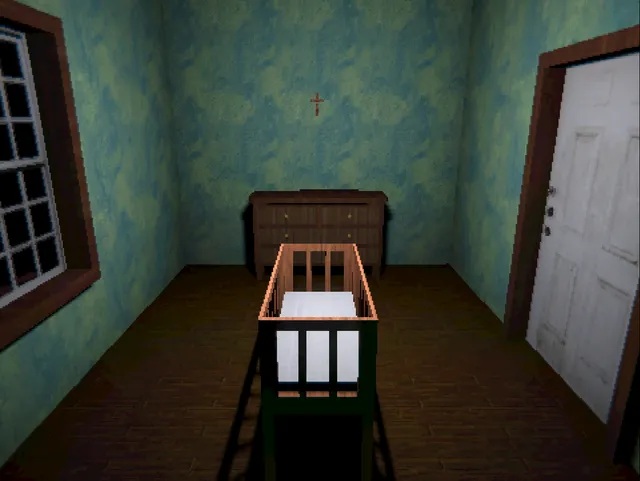 Peter's House screenshot: a wooden crib before a chest of drawers in a teal room with a small cross on the wall