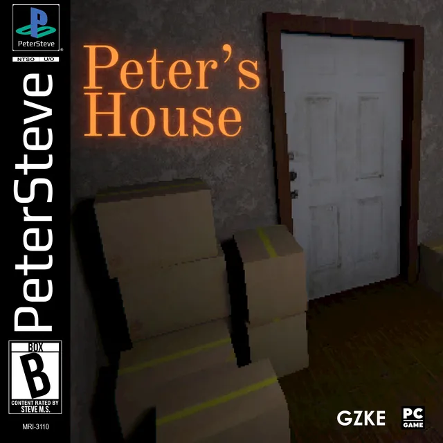 Peter's House cover drawn as a PS1 game case: stacked cardboard boxes by a white door in a dim room, with the title in orange