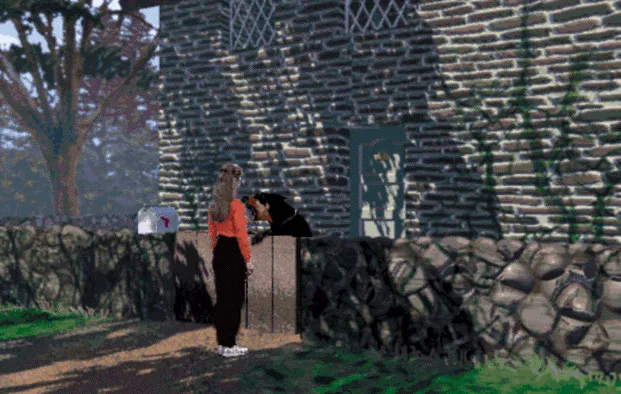 Adrienne at a mailbox by a stone wall outside the mansion while a figure in black leans over the wall