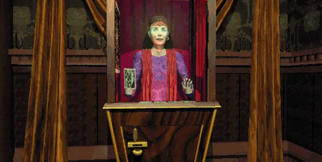 A fortune-teller machine with a woman figure holding a tarot card, between brown curtains