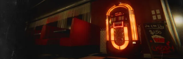 Phasmophobia: a dark 1950s-style diner with a glowing orange jukebox and a pie-of-the-day board